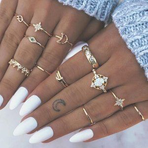 Gold Star Moon Knotted Multi-pointed Star Ring Set